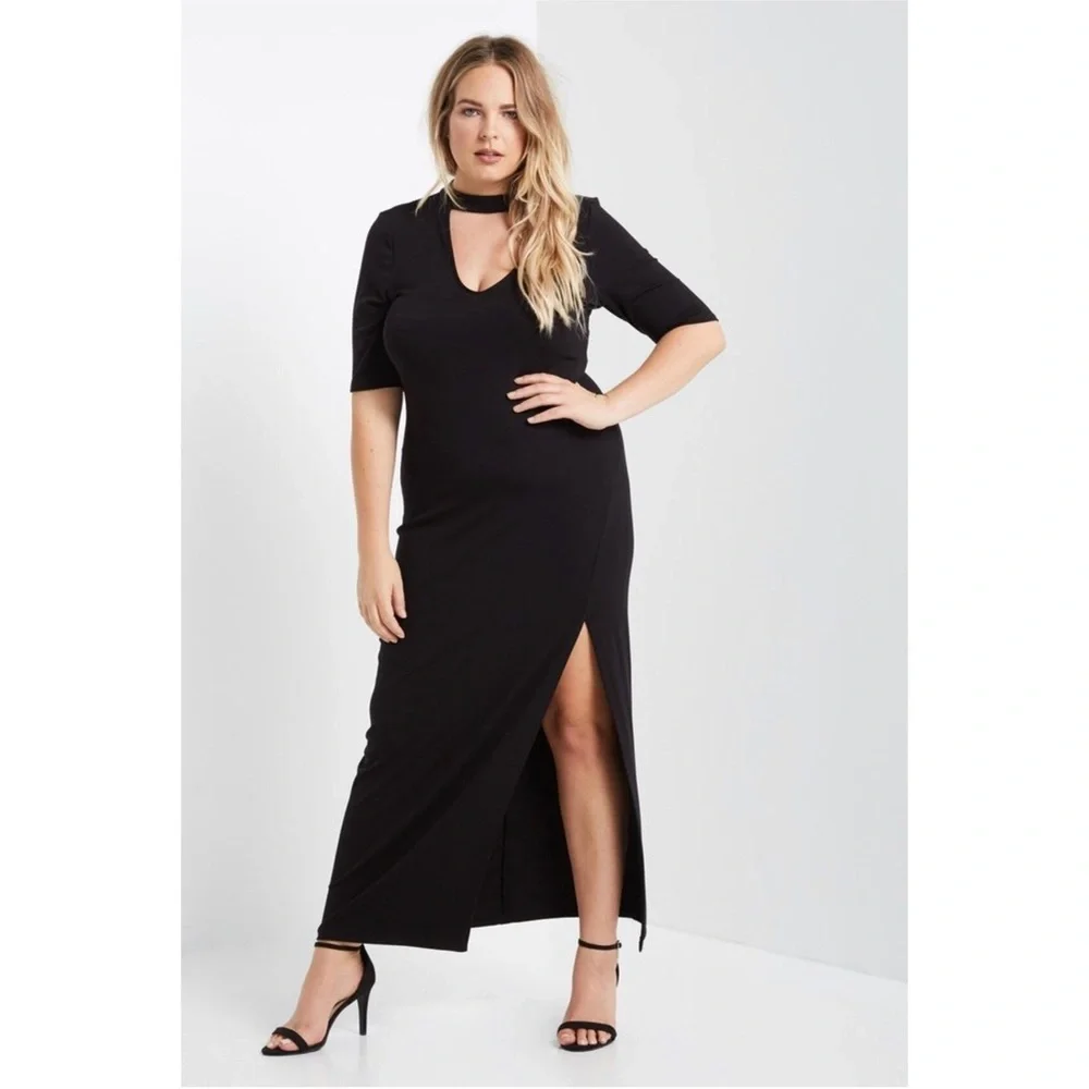 Black Choker V-neck Side Slit Maxi Dress